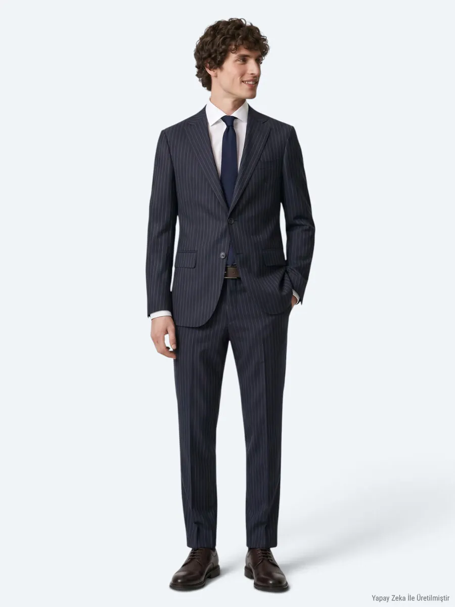 Navy Blue Striped Modern Fit Wool Blended Suit - 4