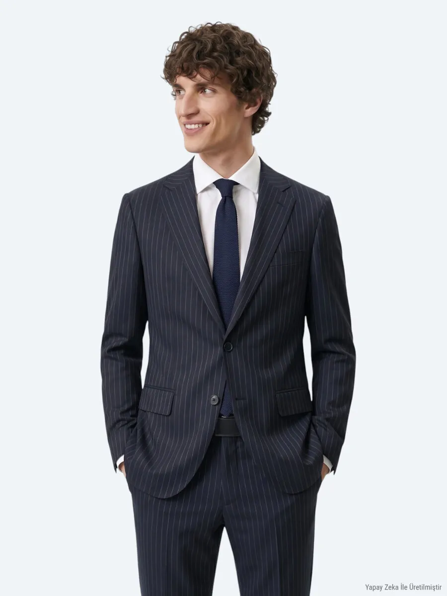 Navy Blue Striped Modern Fit Wool Blended Suit - 5