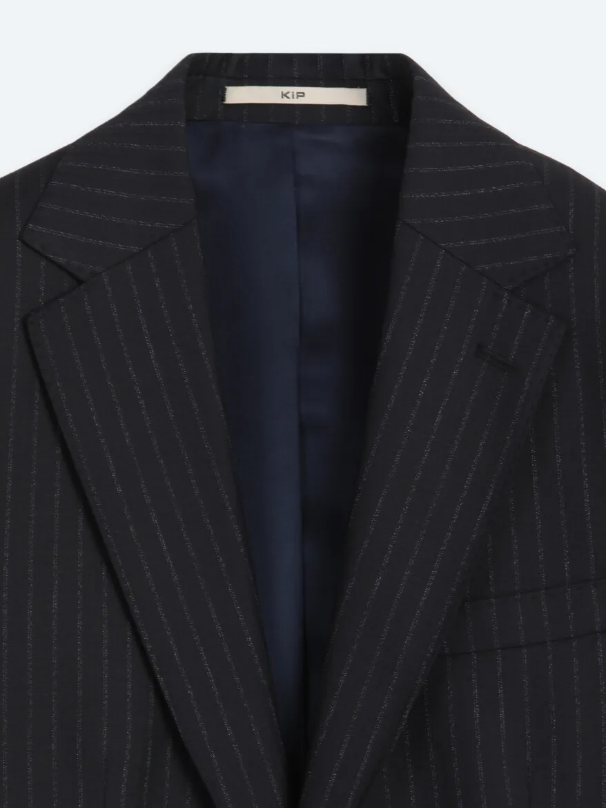 Navy Blue Striped Modern Fit Wool Blended Suit - 10