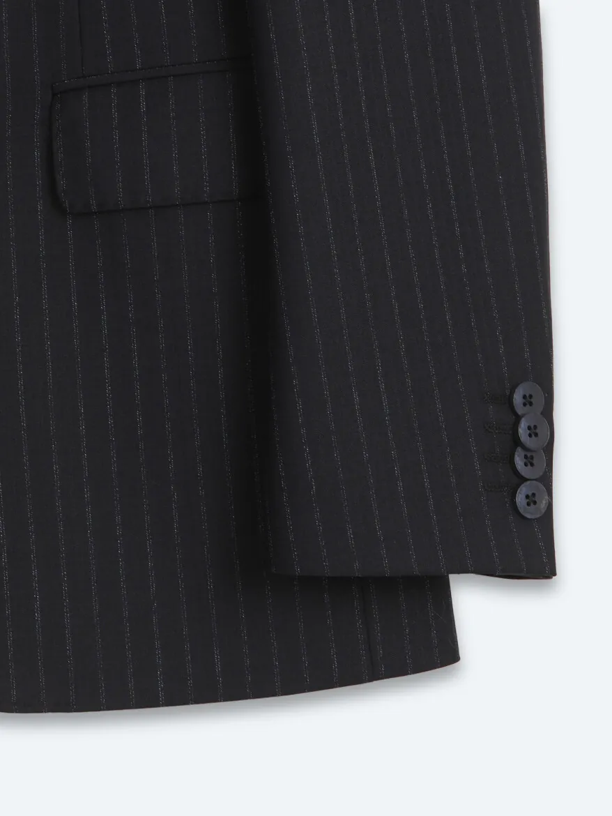 Navy Blue Striped Modern Fit Wool Blended Suit - 11
