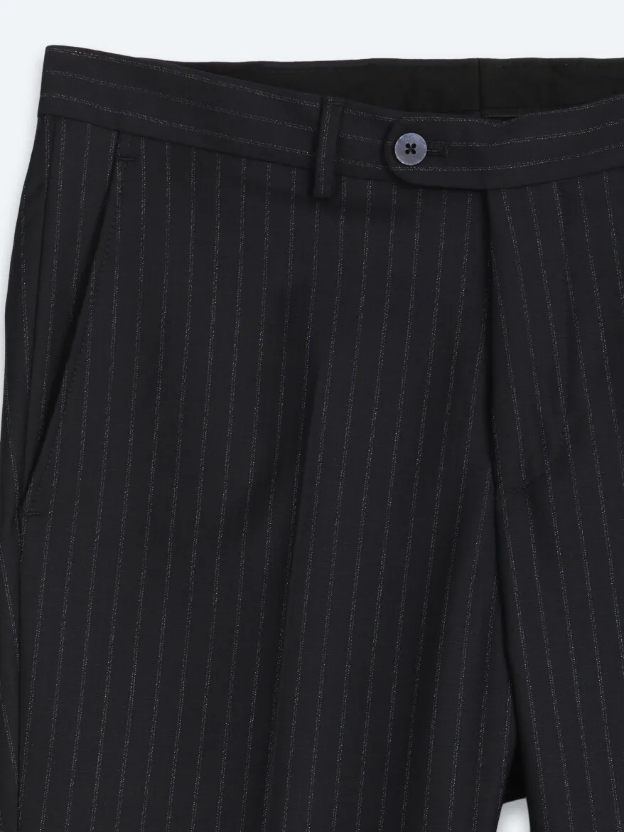 Navy Blue Striped Modern Fit Wool Blended Suit - 13
