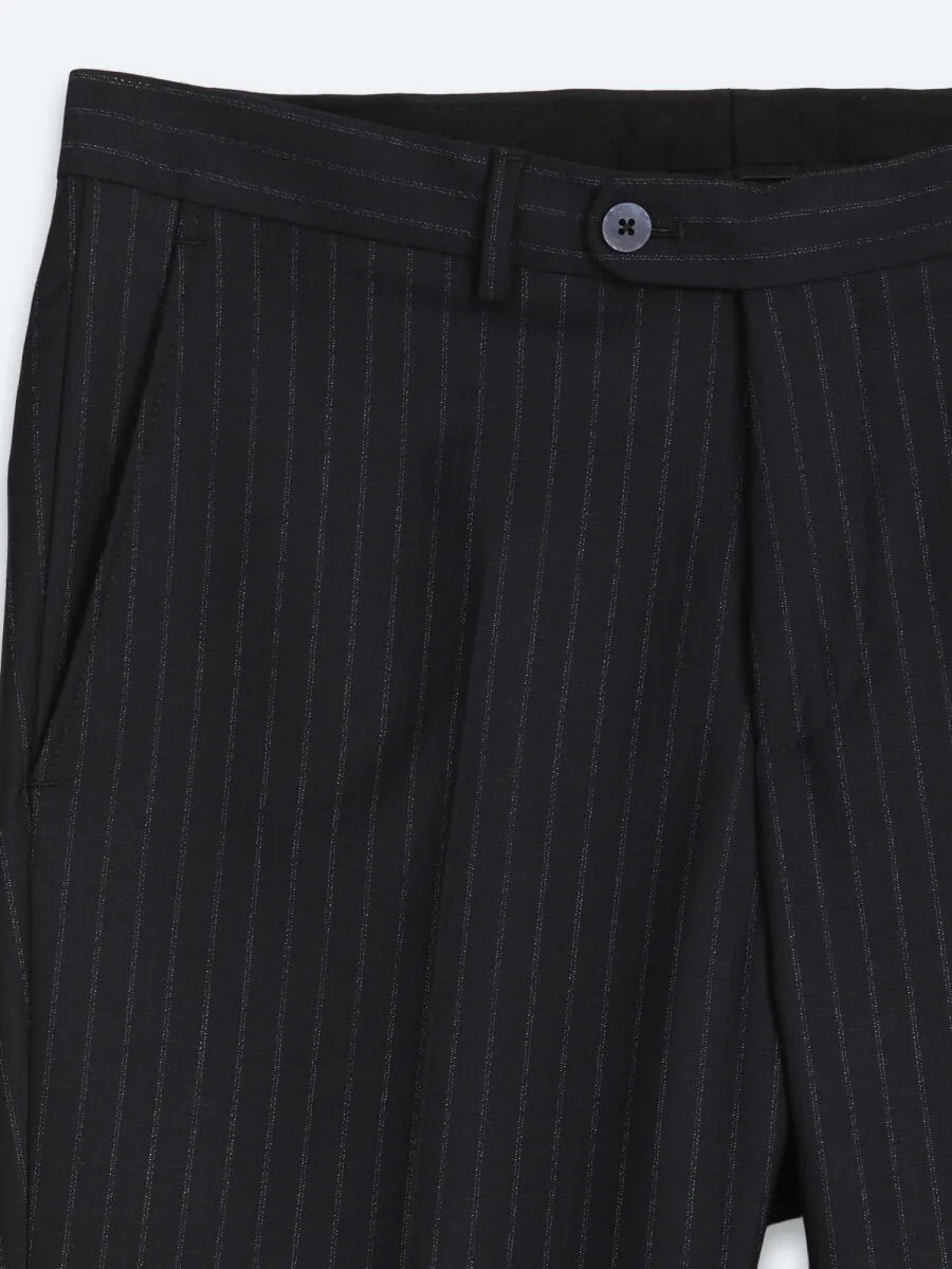 Navy Blue Striped Modern Fit Wool Blended Suit - 13