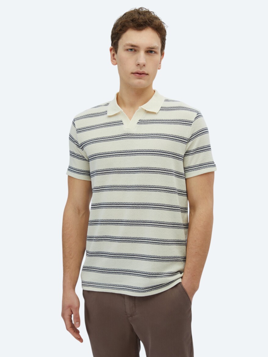 Navy Blue Striped Polo Neck Cotton Blended T-Shirt - KİP