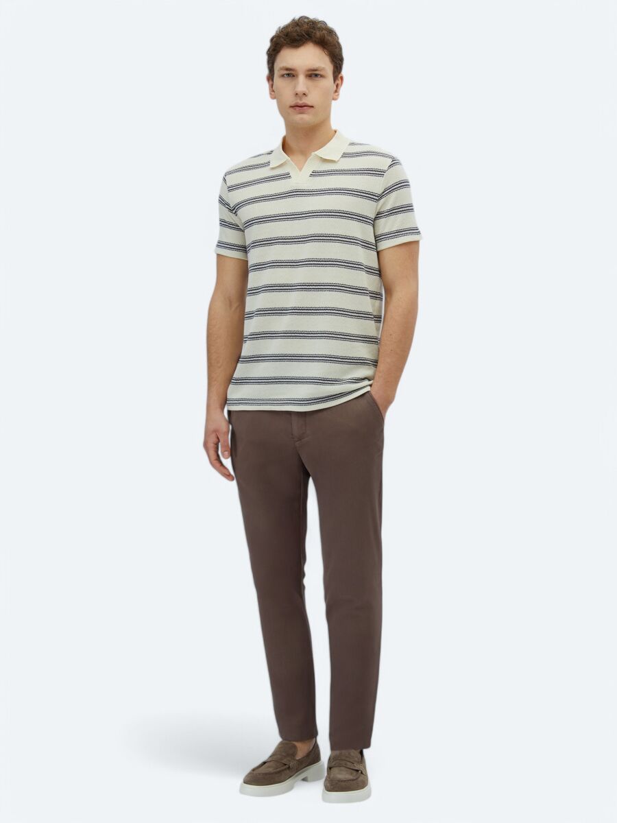 Navy Blue Striped Polo Neck Cotton Blended T-Shirt - 2