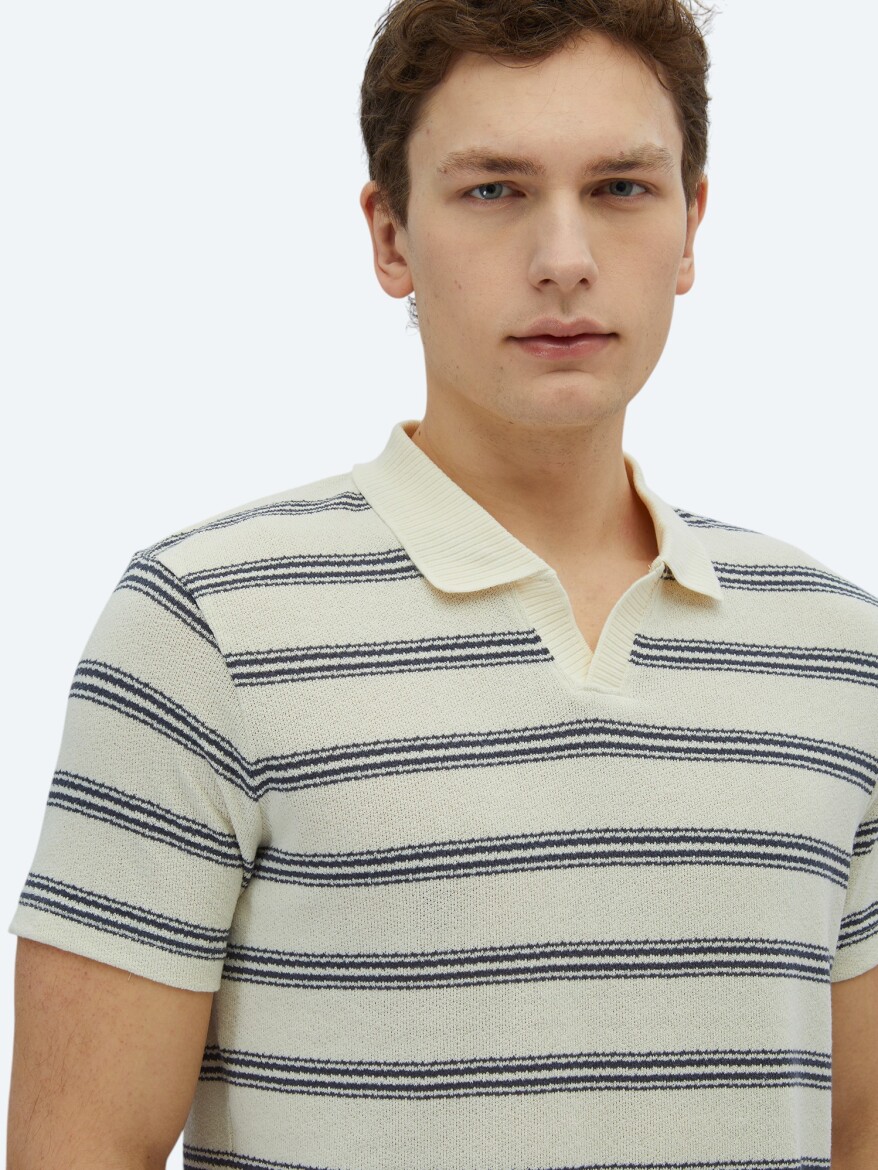 Navy Blue Striped Polo Neck Cotton Blended T-Shirt - 3