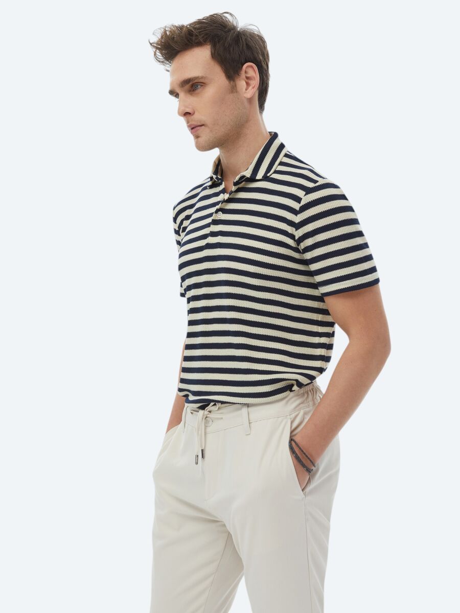 Navy Blue Striped Polo Neck T-Shirt - 2