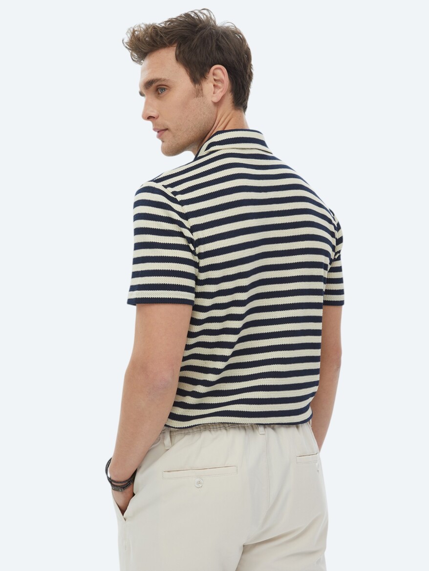 Navy Blue Striped Polo Neck T-Shirt - 6