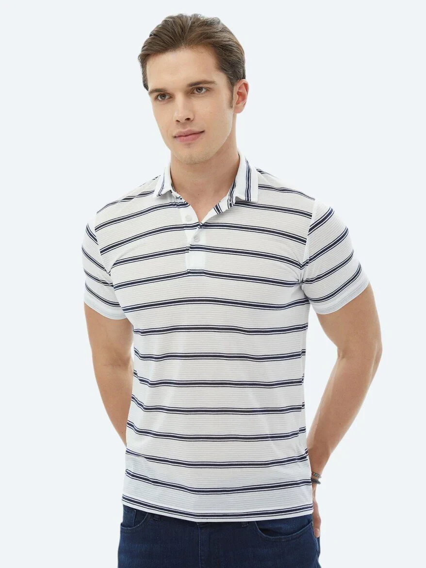 Navy Blue Striped Polo Neck T-Shirt - 5