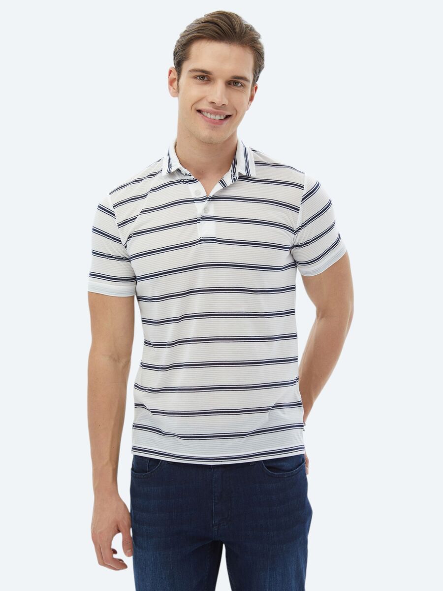 Navy Blue Striped Polo Neck T-Shirt - 1