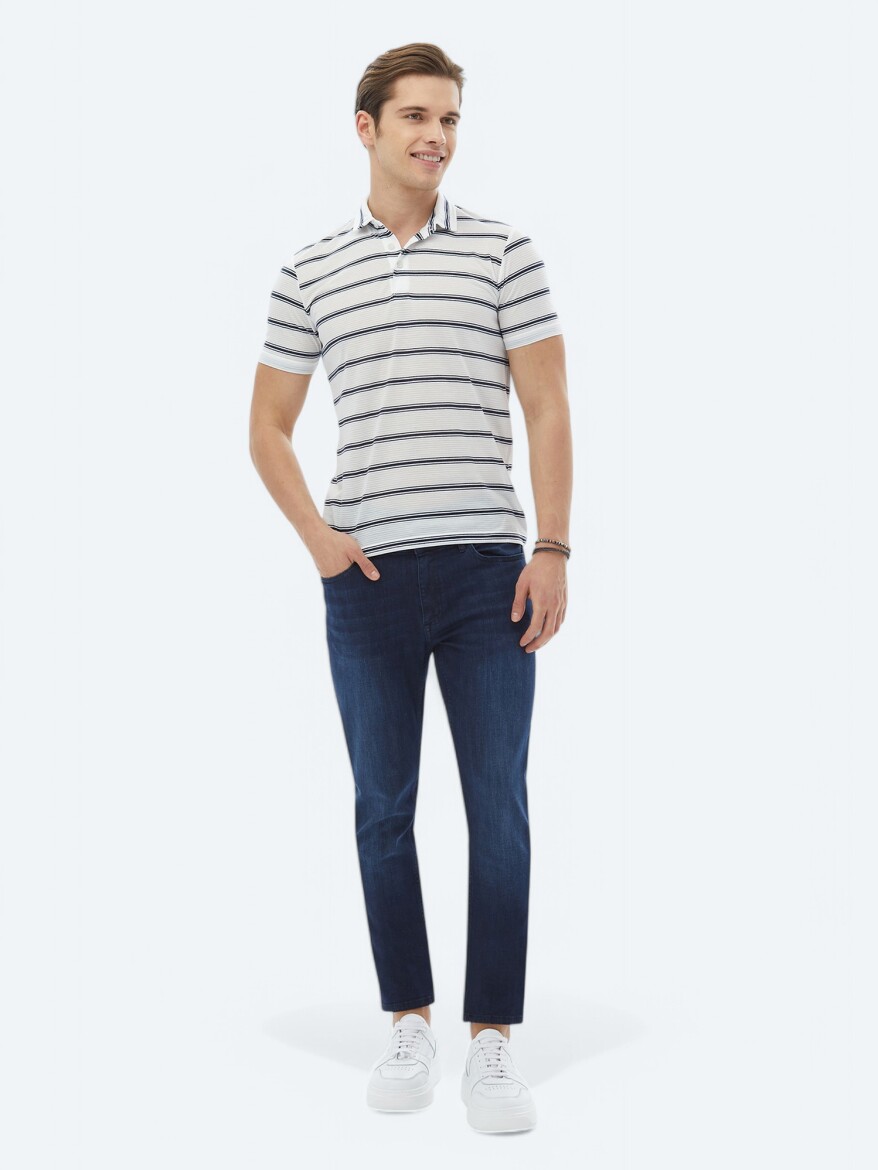 Navy Blue Striped Polo Neck T-Shirt - 4