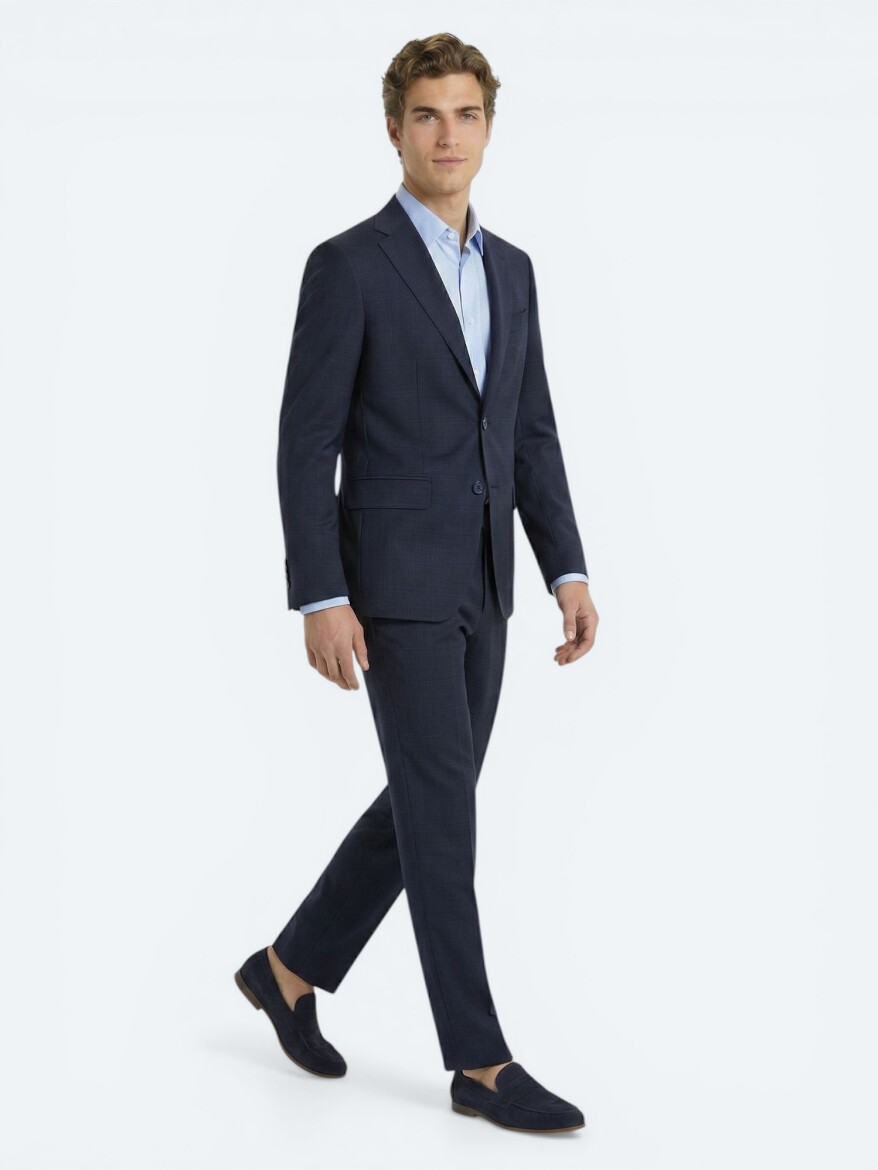 Navy Blue Striped Regular Fit 100% Wool Suit - 3