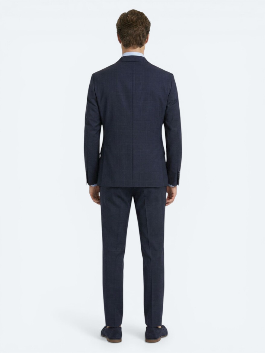 Navy Blue Striped Regular Fit 100% Wool Suit - 4