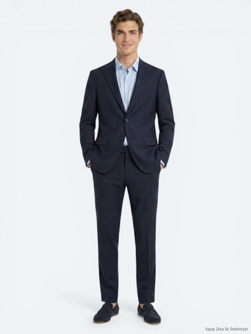 Navy Blue Striped Regular Fit 100% Wool Suit - KİP