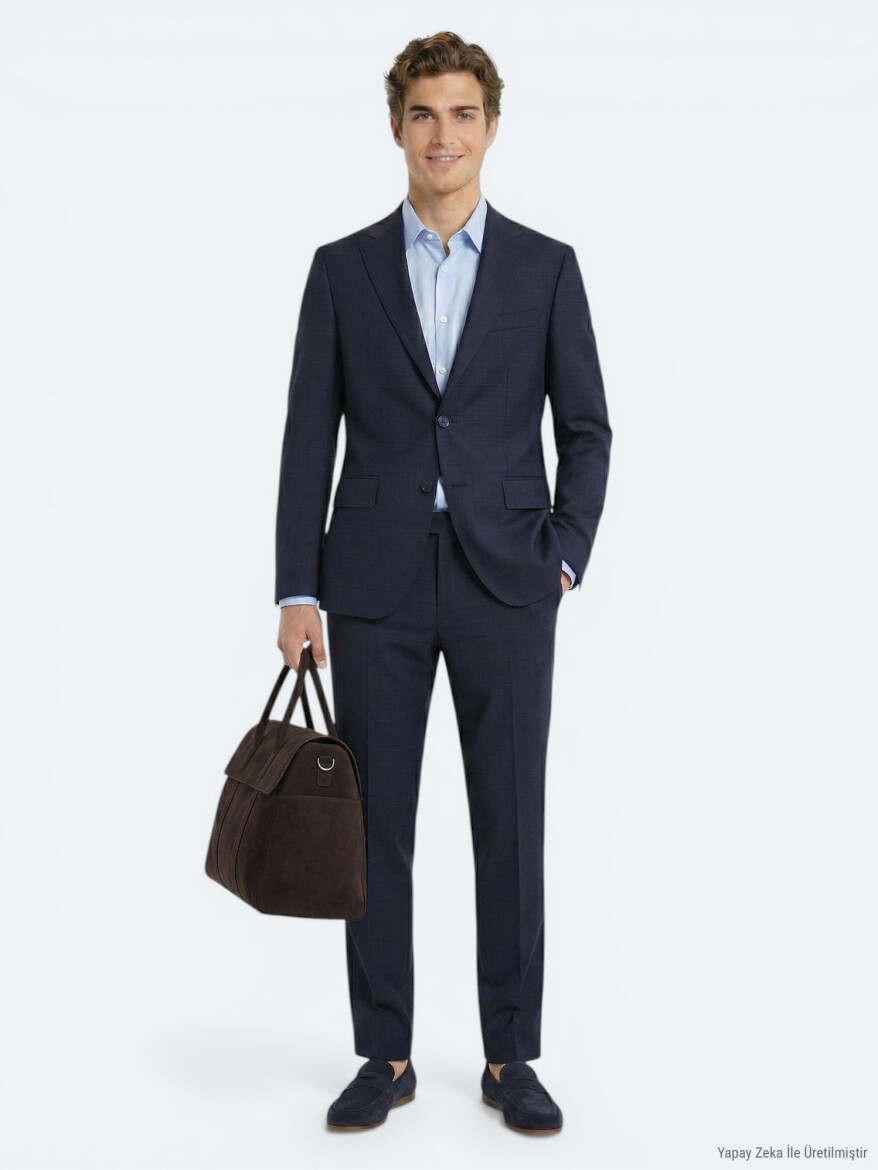 Navy Blue Striped Regular Fit 100% Wool Suit - KİP