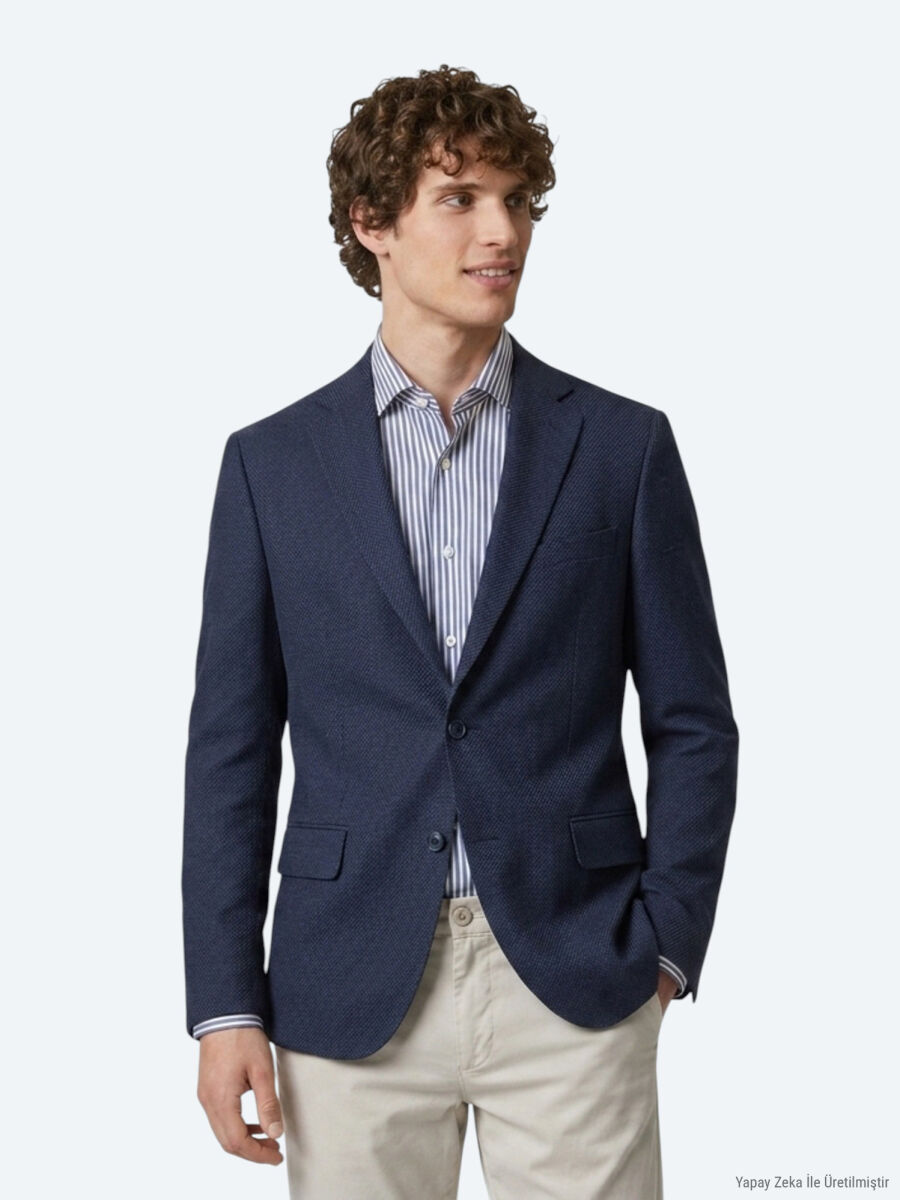 Navy Blue Striped Regular Fit Jacket - 1