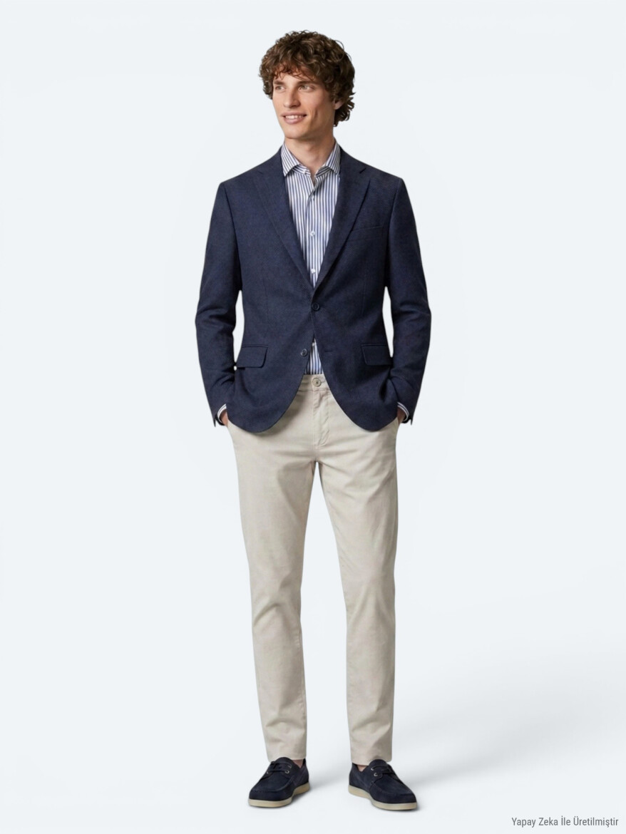 Navy Blue Striped Regular Fit Jacket - 2