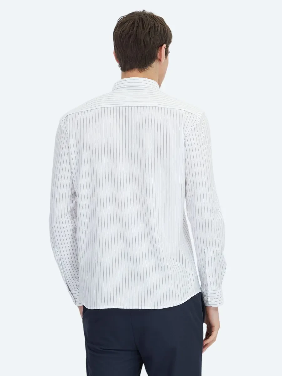 Navy Blue Striped Regular Fit Knitting Sport Cotton Blended Shirt - 5