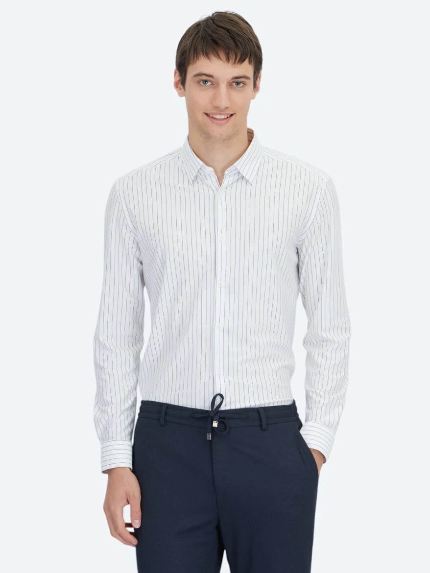 Navy Blue Striped Regular Fit Knitting Sport Cotton Blended Shirt - 1