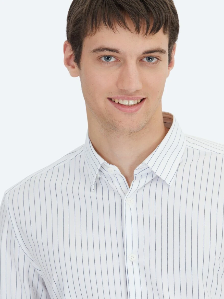 Navy Blue Striped Regular Fit Knitting Sport Cotton Blended Shirt - 3