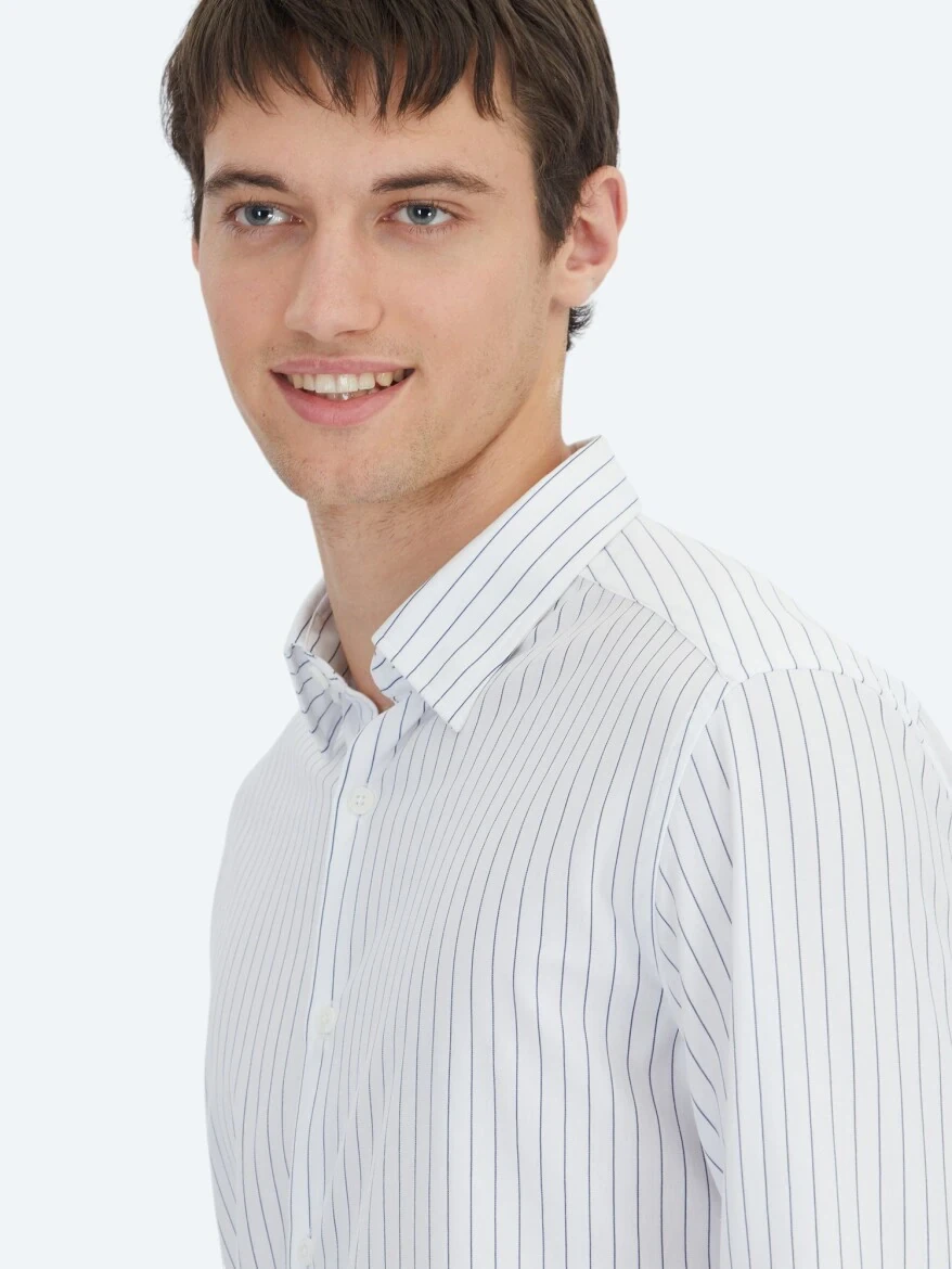 Navy Blue Striped Regular Fit Knitting Sport Cotton Blended Shirt - 4