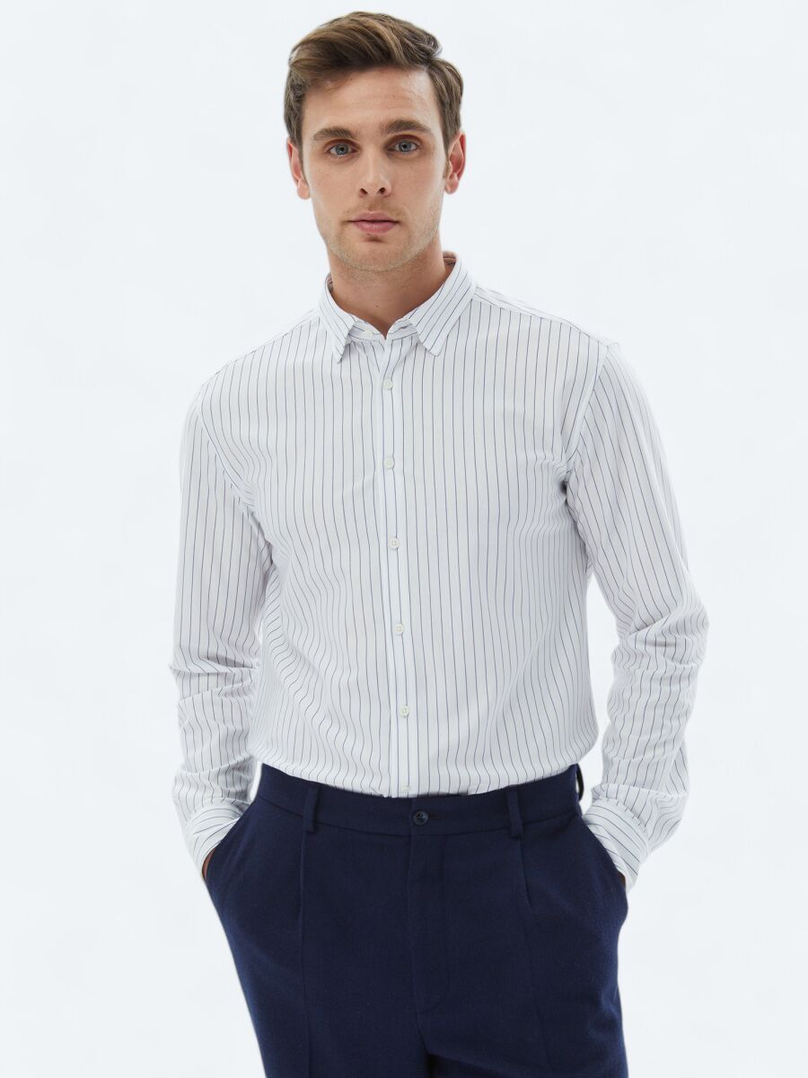 Navy Blue Striped Regular Fit Long Knitting Casual Cotton Blended Shirt - 1