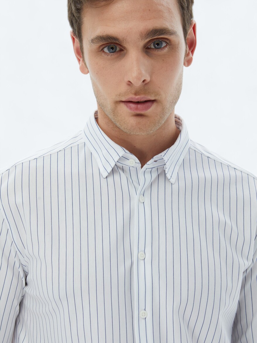 Navy Blue Striped Regular Fit Long Knitting Casual Cotton Blended Shirt - 3