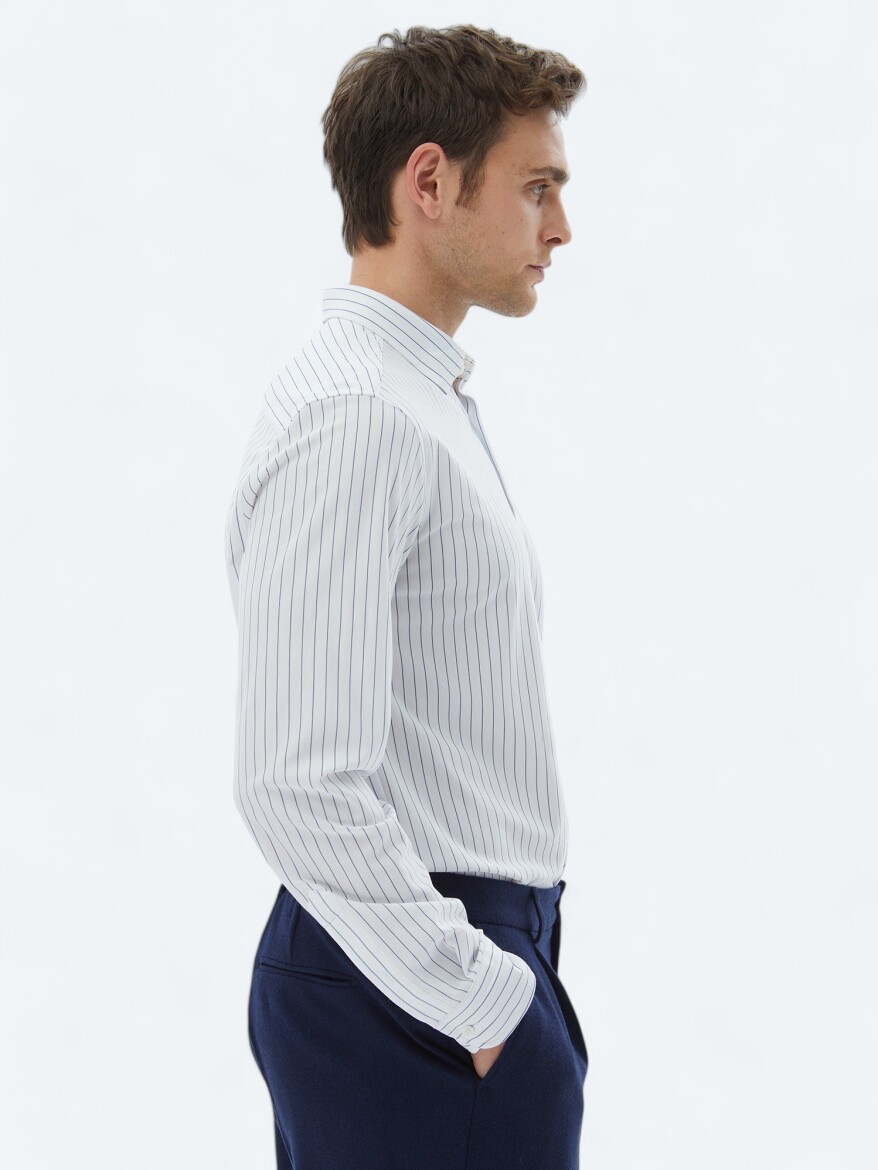 Navy Blue Striped Regular Fit Long Knitting Casual Cotton Blended Shirt - 4