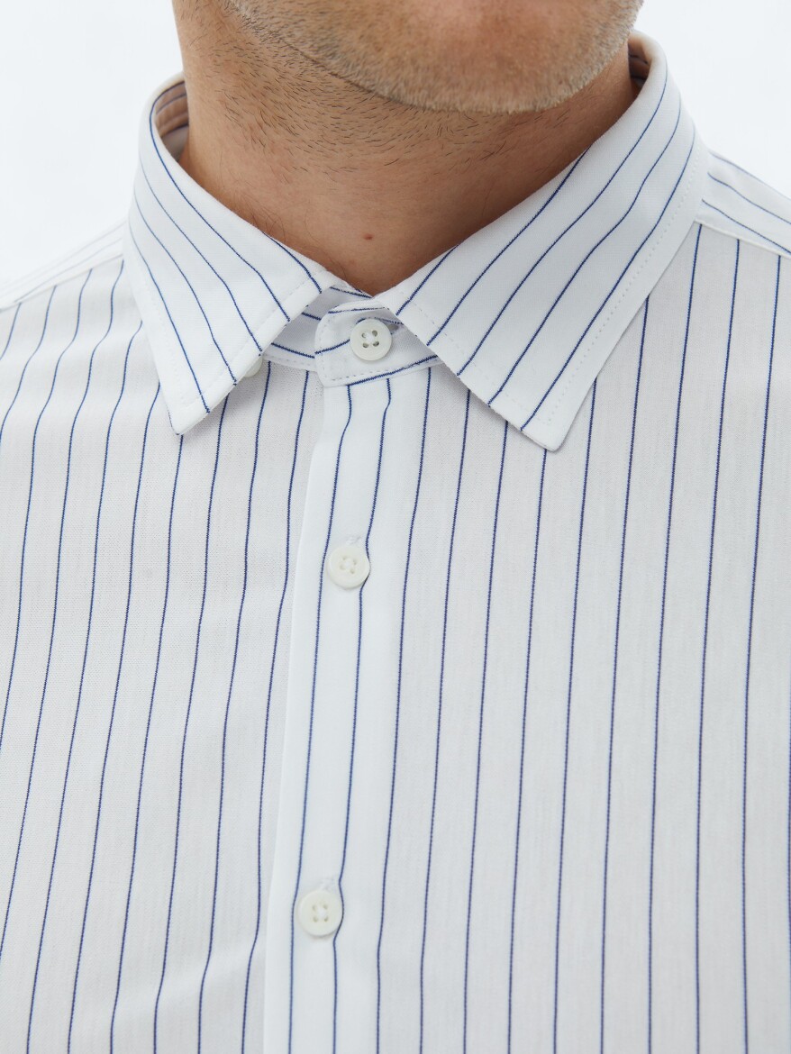 Navy Blue Striped Regular Fit Long Knitting Casual Cotton Blended Shirt - 5