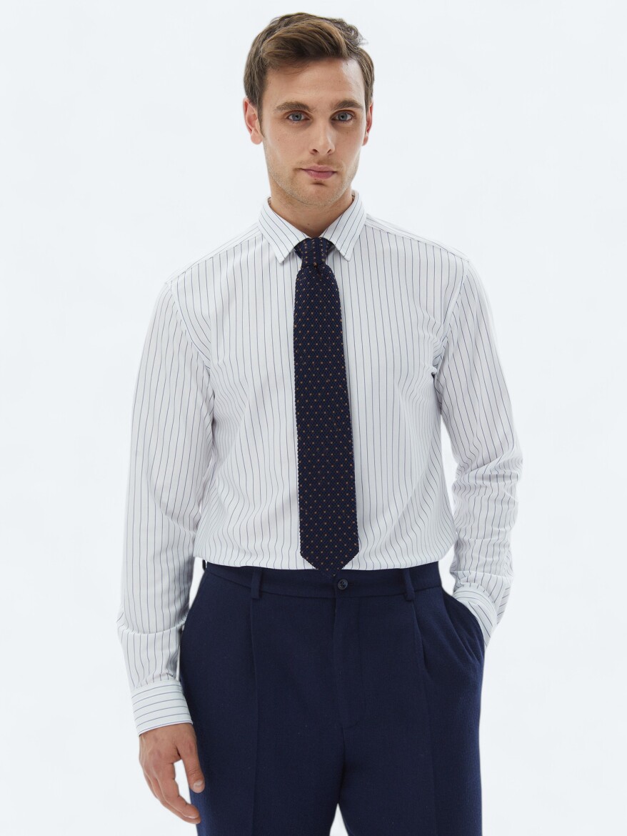 Navy Blue Striped Regular Fit Long Knitting Casual Cotton Blended Shirt - 6