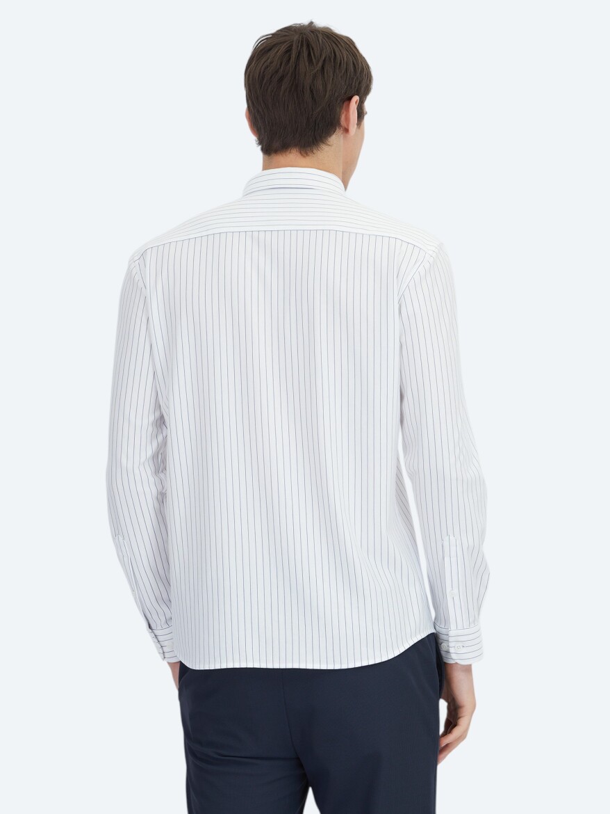 Navy Blue Striped Regular Fit Long Knitting Sport Cotton Blended Shirt - 5