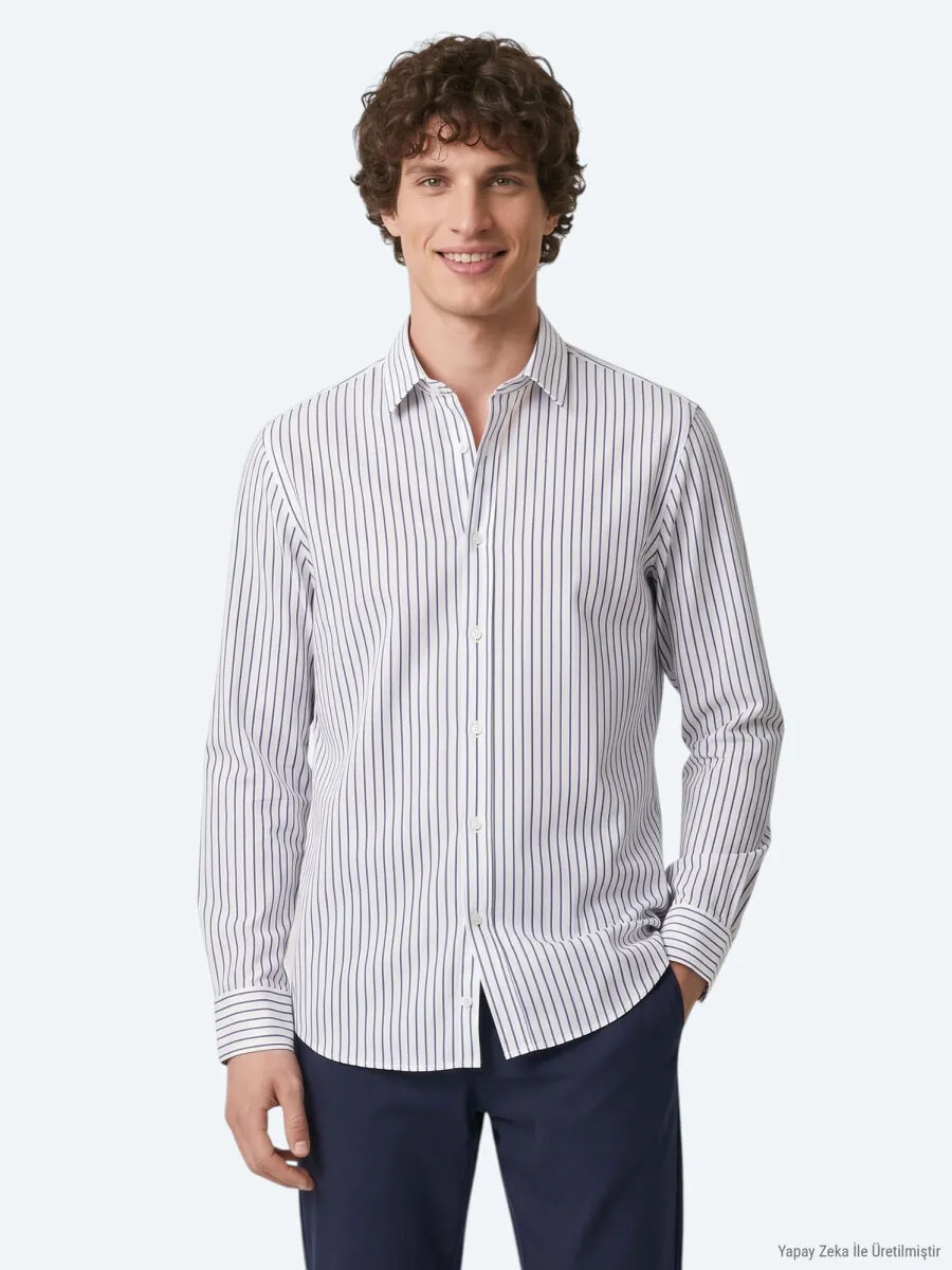 Navy Blue Striped Regular Fit Long Weaving Casual 100% Cotton Shirt - 1