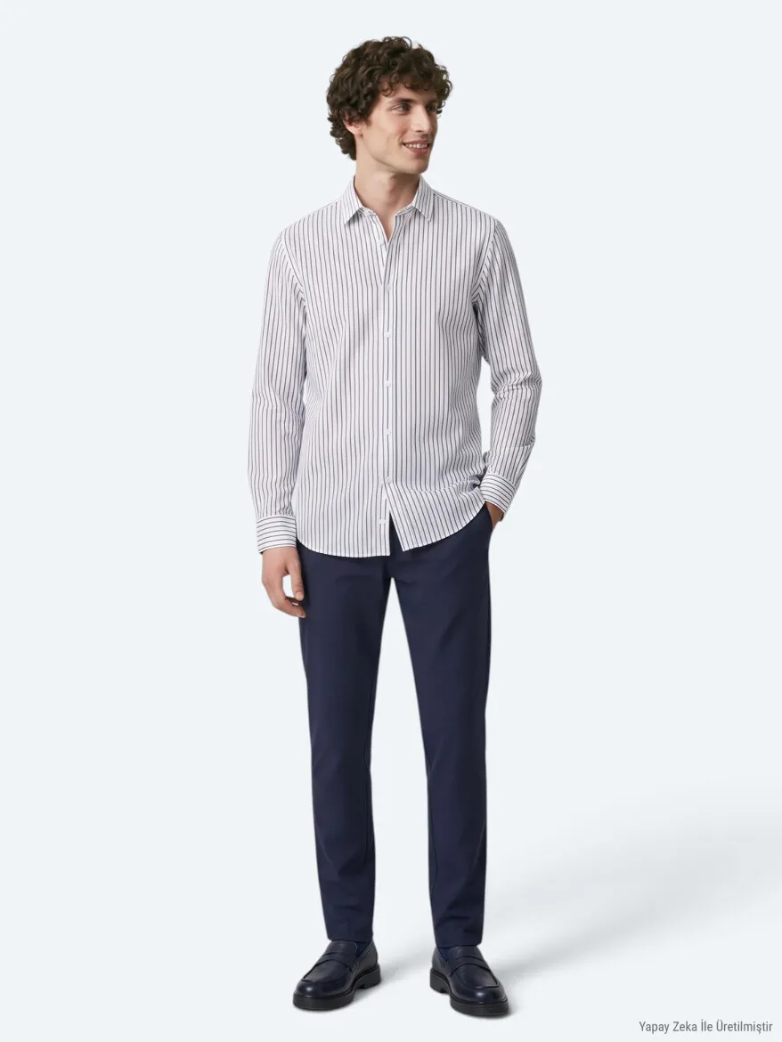 Navy Blue Striped Regular Fit Long Weaving Casual 100% Cotton Shirt - 3