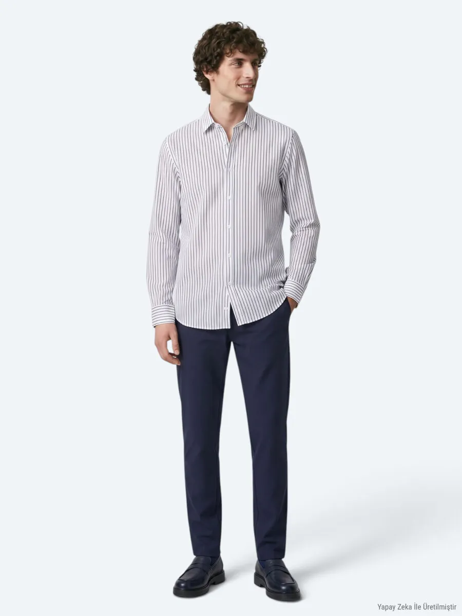 Navy Blue Striped Regular Fit Long Weaving Casual 100% Cotton Shirt - 3