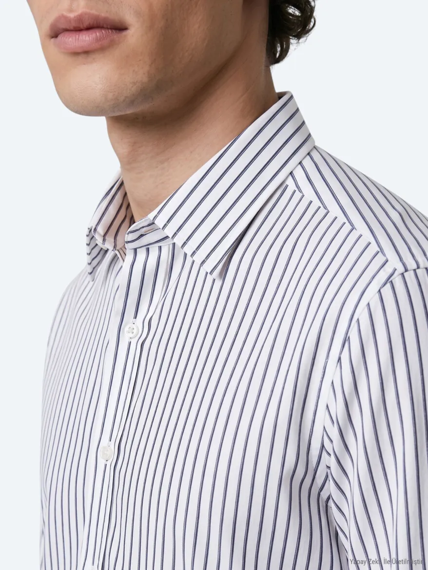 Navy Blue Striped Regular Fit Long Weaving Casual 100% Cotton Shirt - 4