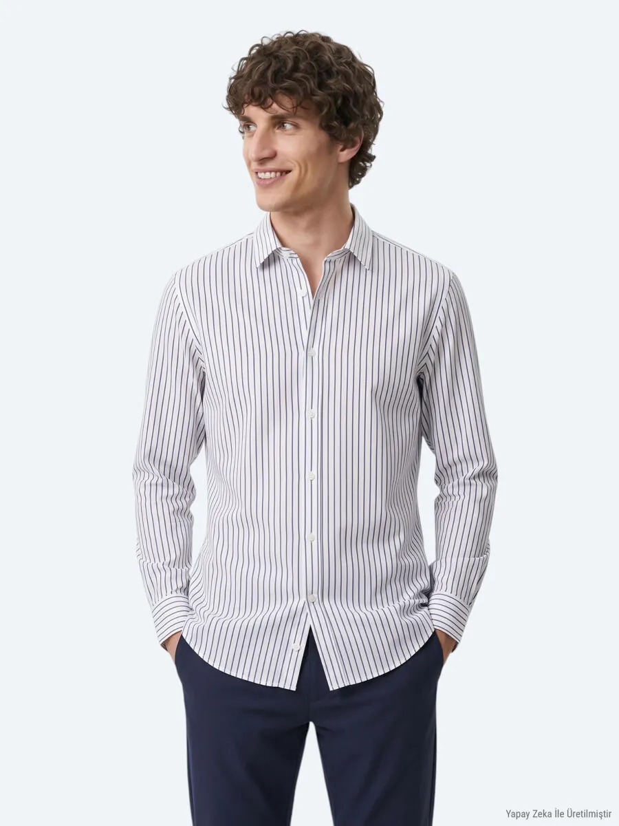 Navy Blue Striped Regular Fit Long Weaving Casual 100% Cotton Shirt - 5
