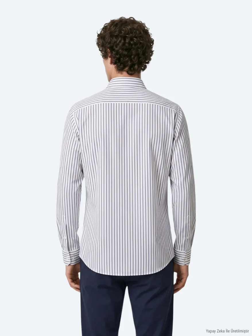 Navy Blue Striped Regular Fit Long Weaving Casual 100% Cotton Shirt - 6