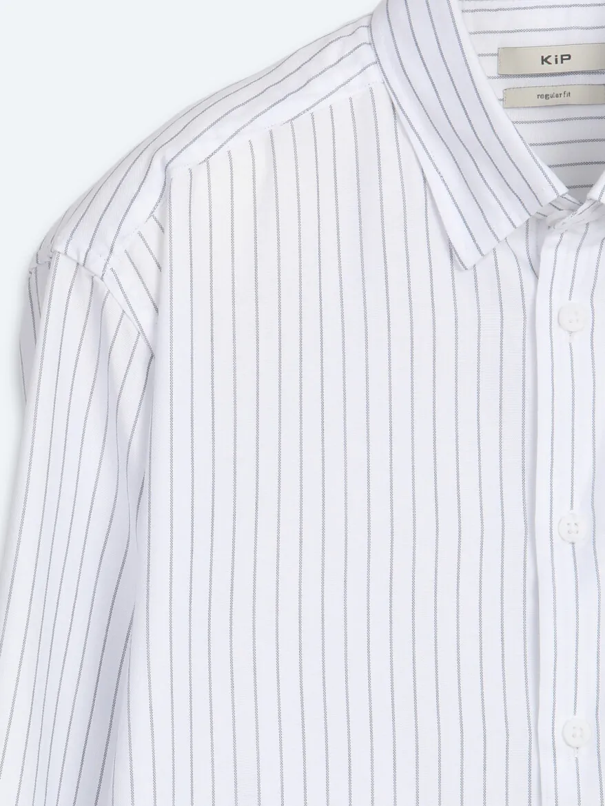 Navy Blue Striped Regular Fit Long Weaving Casual 100% Cotton Shirt - 8