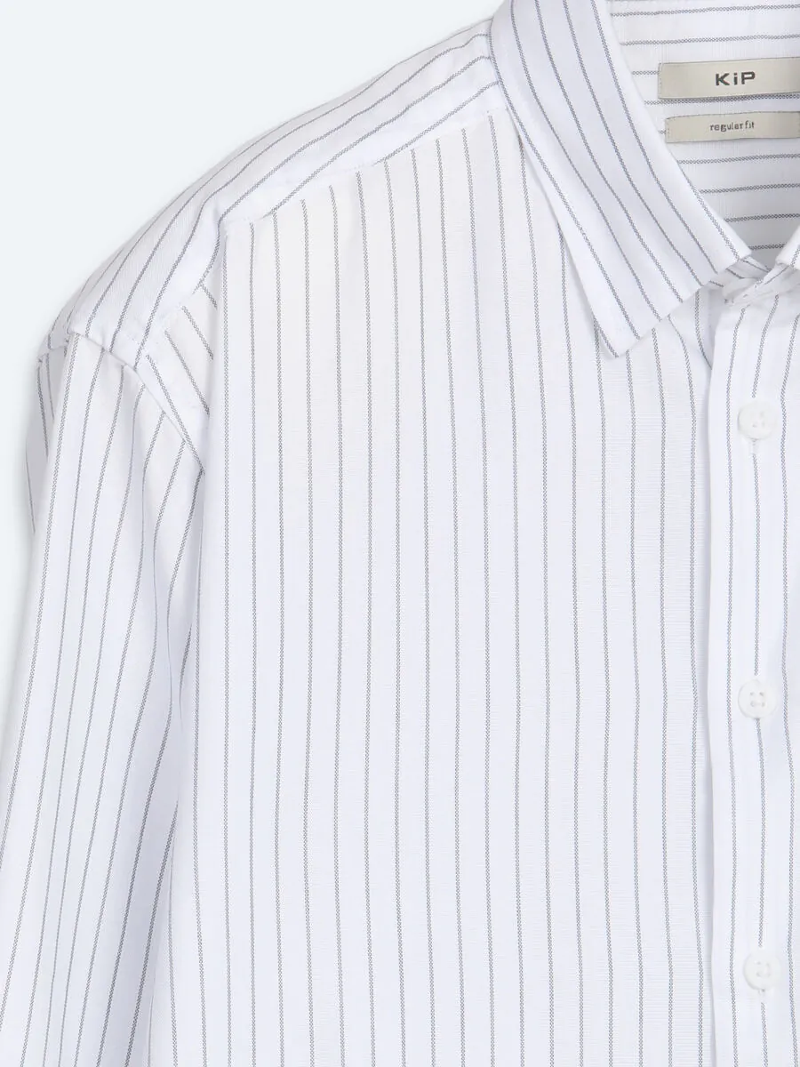 Navy Blue Striped Regular Fit Long Weaving Casual 100% Cotton Shirt - 8