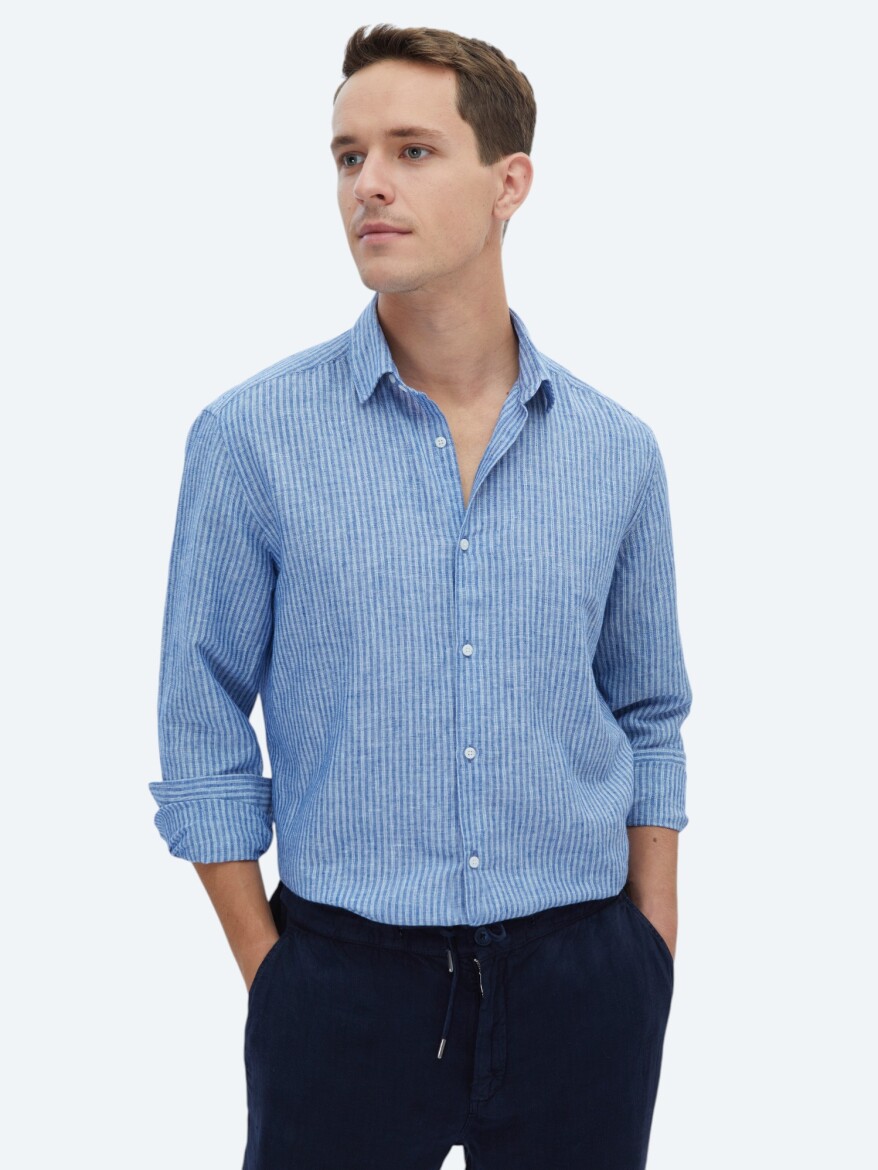 Navy Blue Striped Regular Fit Long Weaving Casual Cotton Blended Shirt - 1