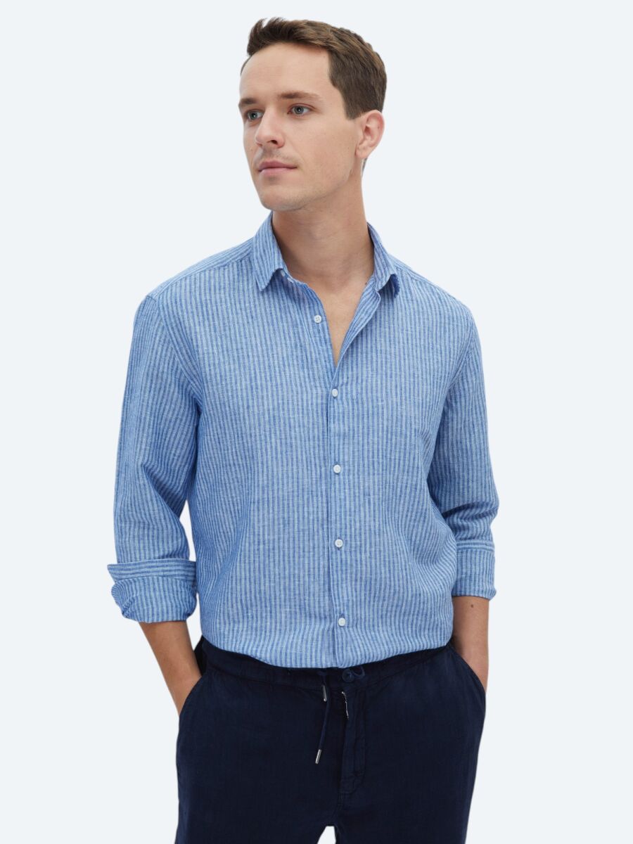 Navy Blue Striped Regular Fit Long Weaving Casual Cotton Blended Shirt - 1