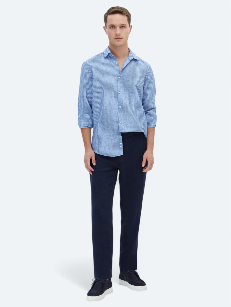 Navy Blue Striped Regular Fit Long Weaving Casual Cotton Blended Shirt - 2