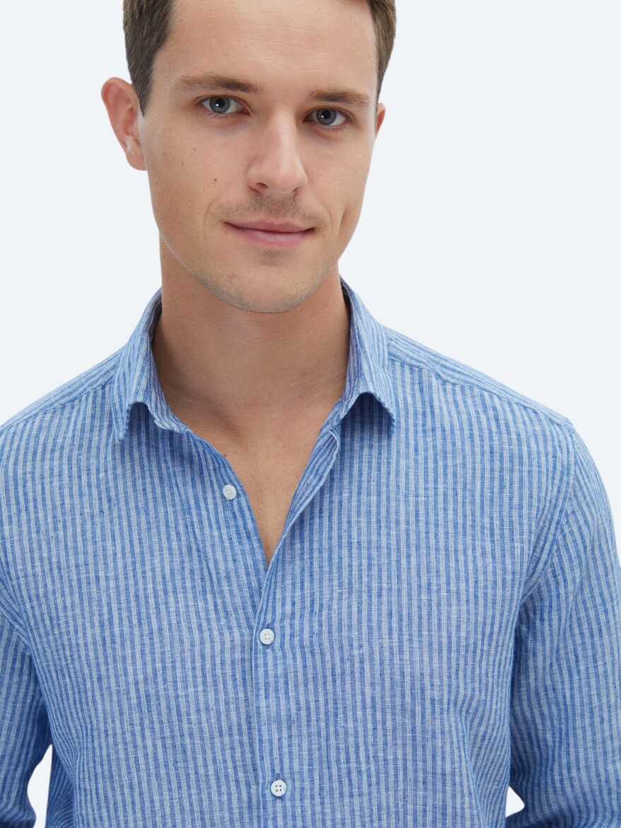 Navy Blue Striped Regular Fit Long Weaving Casual Cotton Blended Shirt - 4