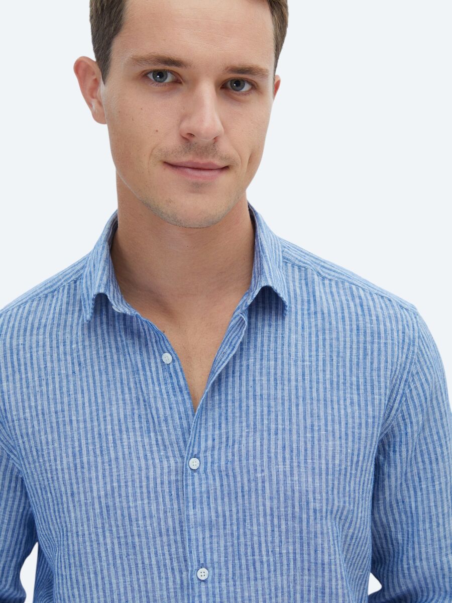 Navy Blue Striped Regular Fit Long Weaving Casual Cotton Blended Shirt - 4