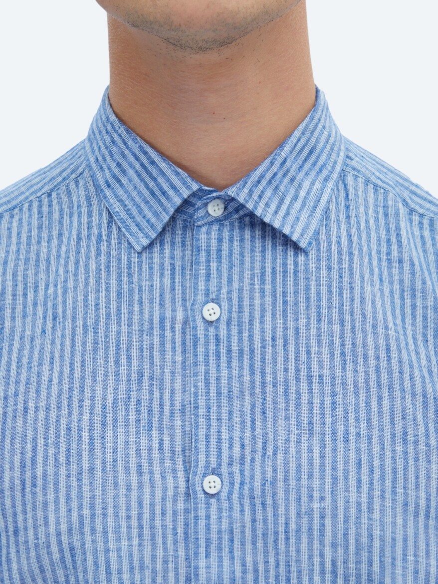 Navy Blue Striped Regular Fit Long Weaving Casual Cotton Blended Shirt - 5