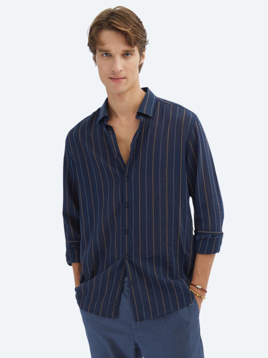 Navy Blue Striped Regular Fit Long Weaving Casual Cotton Blended Shirt - 1
