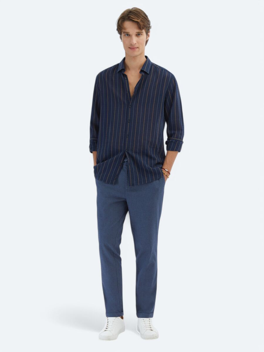 Navy Blue Striped Regular Fit Long Weaving Casual Cotton Blended Shirt - 2