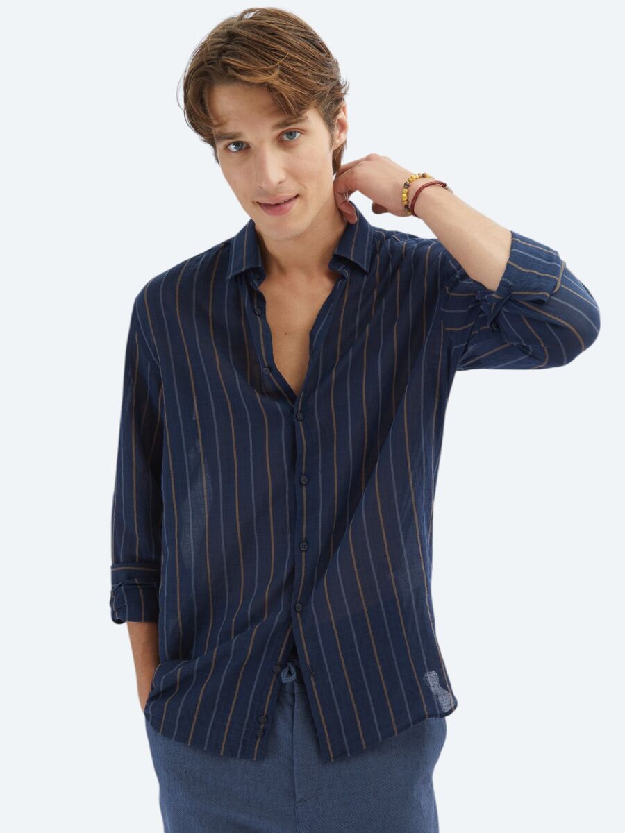 Navy Blue Striped Regular Fit Long Weaving Casual Cotton Blended Shirt - 3