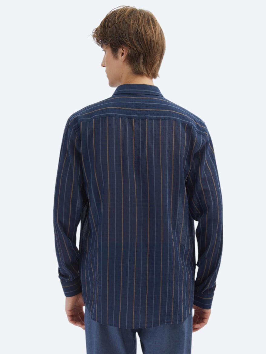 Navy Blue Striped Regular Fit Long Weaving Casual Cotton Blended Shirt - 5