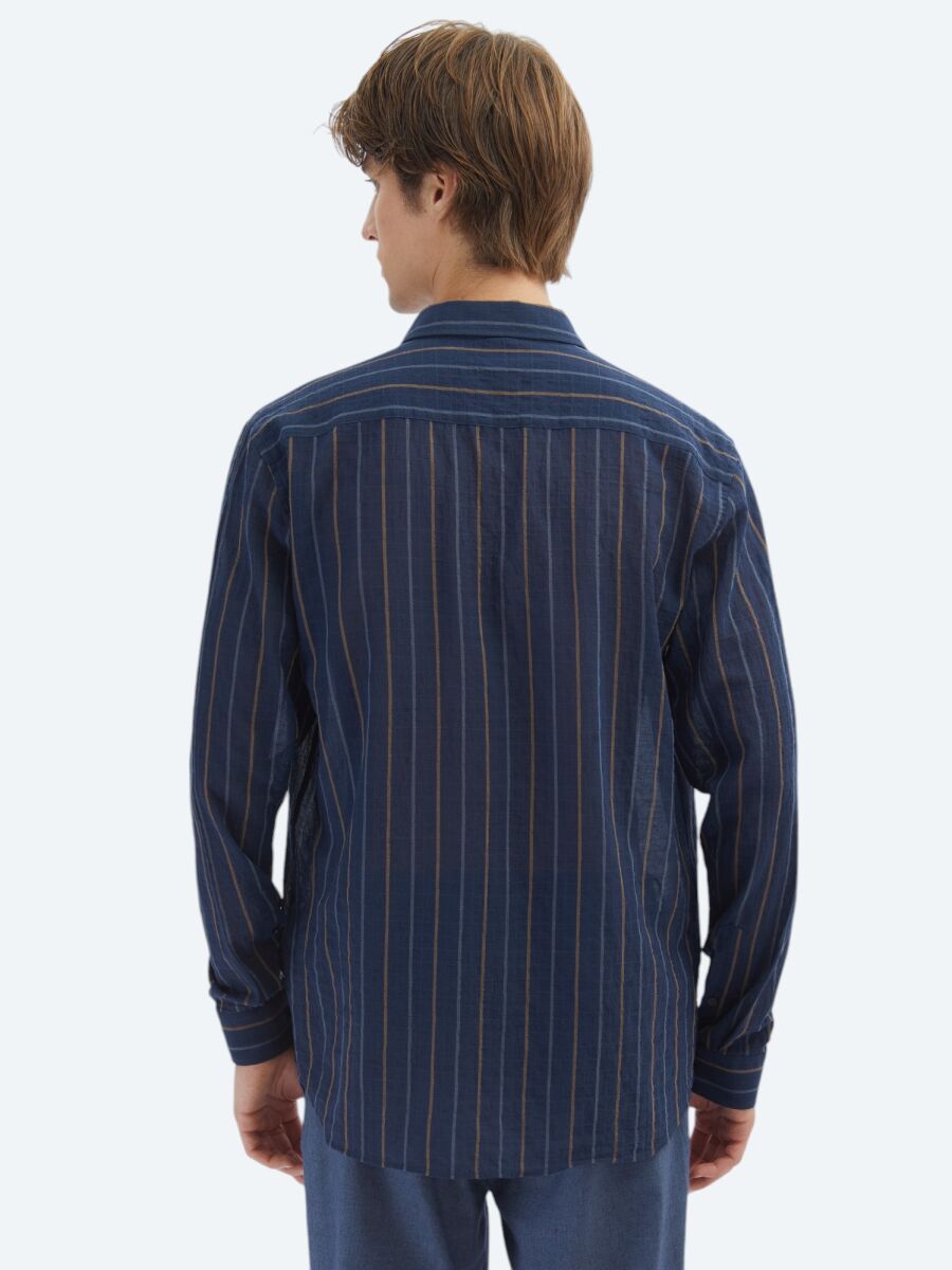 Navy Blue Striped Regular Fit Long Weaving Casual Cotton Blended Shirt - 5
