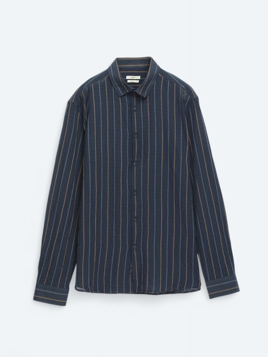 Navy Blue Striped Regular Fit Long Weaving Casual Cotton Blended Shirt - 6